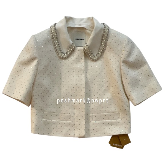 NWT ✨ SANDRO Paris Lahavane Rhinestone Cropped Blazer Jacket Ecru White 34 0 XS - Picture 5 of 14